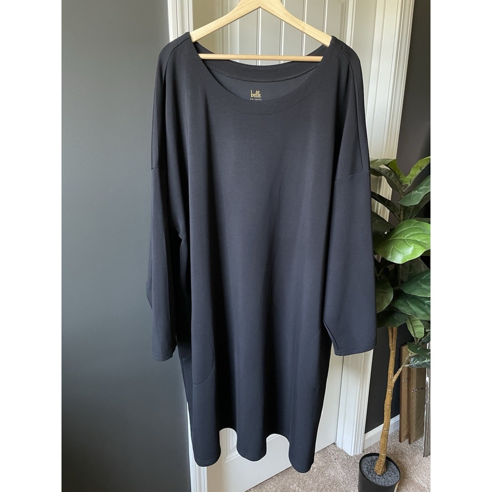 belle by Kim Gravel 5X Black Jersey Shift Dress Pockets Pleated 3/4 Sleeve